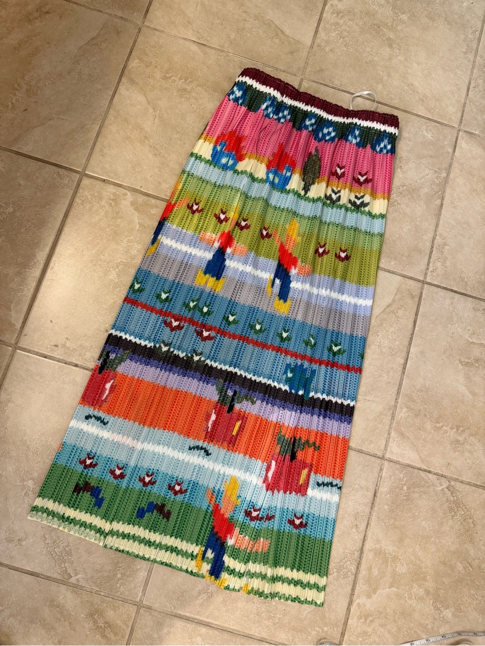 Issey Miyake Multicolor Pleated Maxi Skirt with Pink, Green & Blue Stripes
